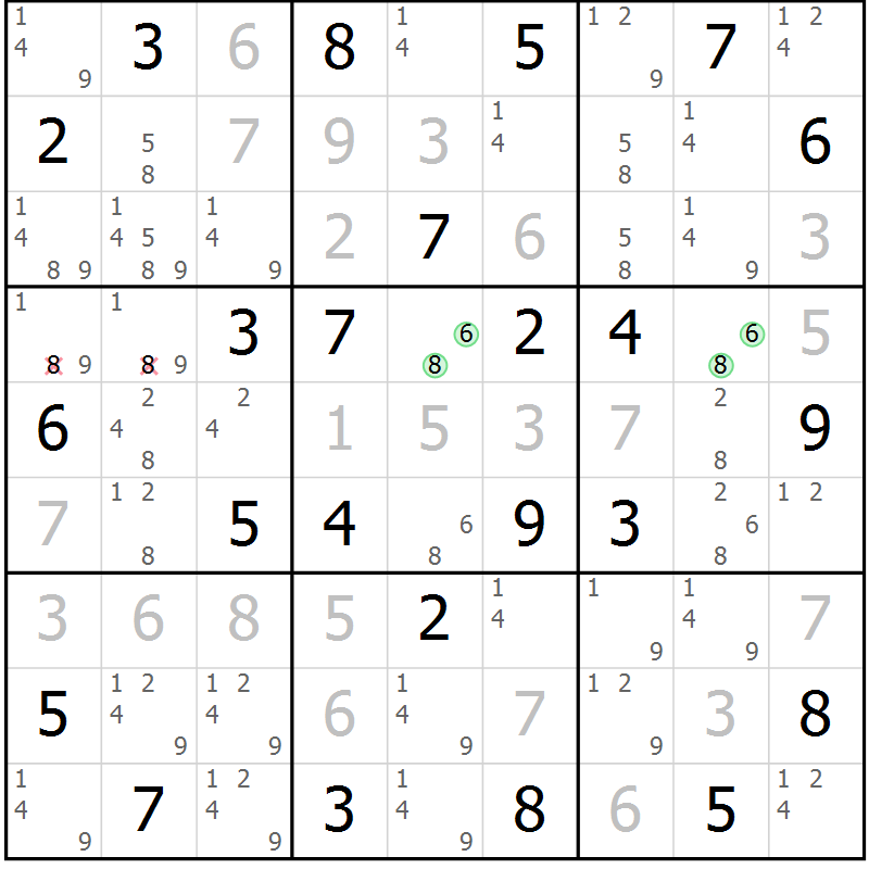 Position des candidats pour la solution de la Gr 29 page 32 du magazine de sudoku Virtuose n° 121