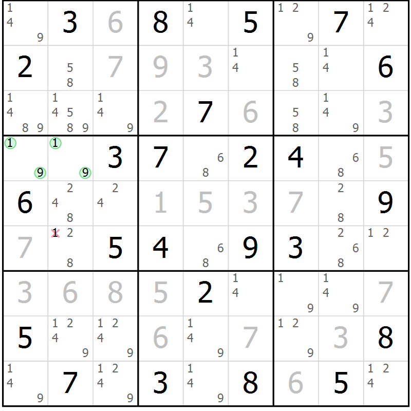 Position des candidats pour la solution de la Gr 29 page 32 du magazine de sudoku Virtuose n° 121
