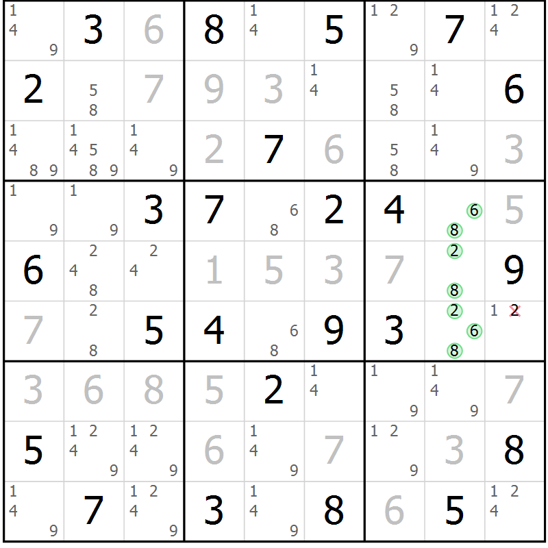 Position des candidats pour la solution de la Gr 29 page 32 du magazine de sudoku Virtuose n° 121