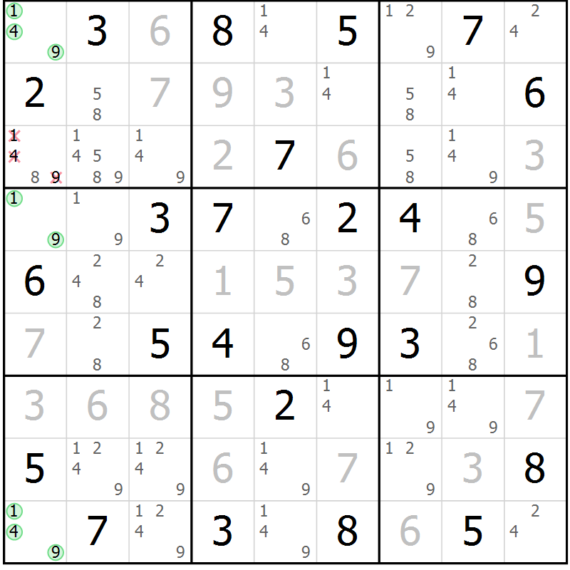 Position des candidats pour la solution de la Gr 29 page 32 du magazine de sudoku Virtuose n° 121