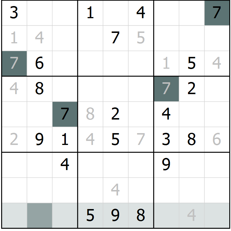 Position des candidats pour la solution de la Gr 3 page 6 du magazine de sudoku Virtuose n° 121