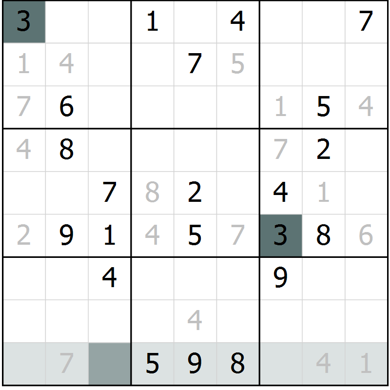 Position des candidats pour la solution de la Gr 3 page 6 du magazine de sudoku Virtuose n° 121