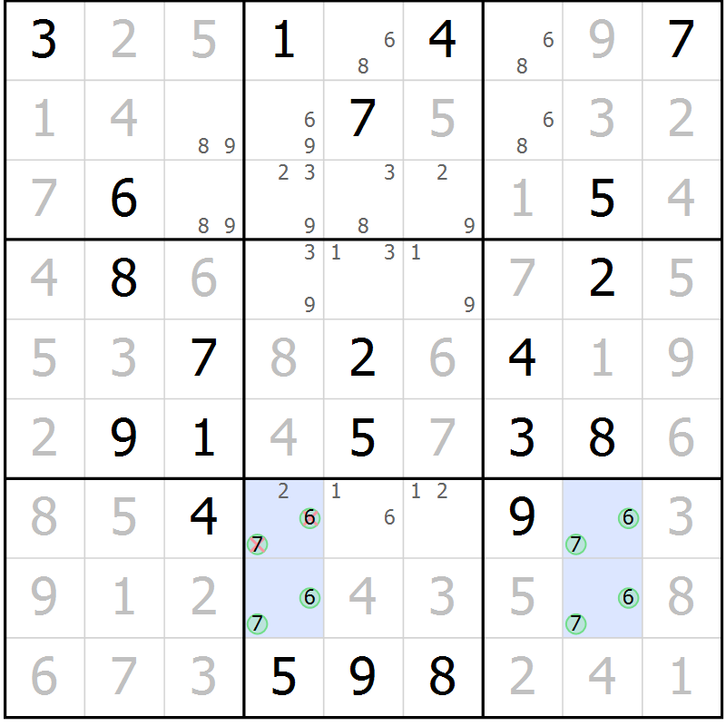 Position des candidats pour la solution de la Gr 3 page 6 du magazine de sudoku Virtuose n° 121