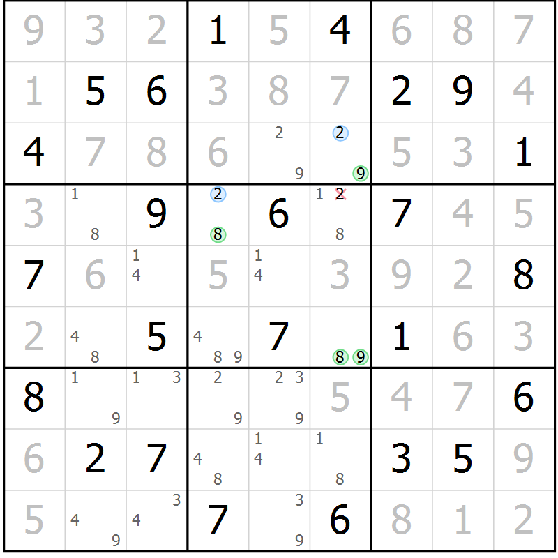 Position des candidats pour la solution de la Gr 36 page 39 du magazine de sudoku Virtuose n° 121