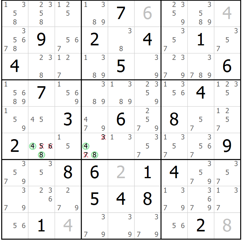 Position des candidats pour la solution de la Gr 39 page 42 du magazine de sudoku Virtuose n° 121
