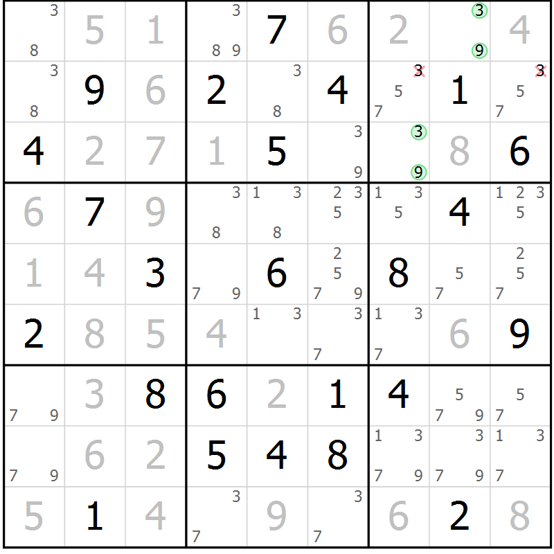 Position des candidats pour la solution de la Gr 39 page 42 du magazine de sudoku Virtuose n° 121