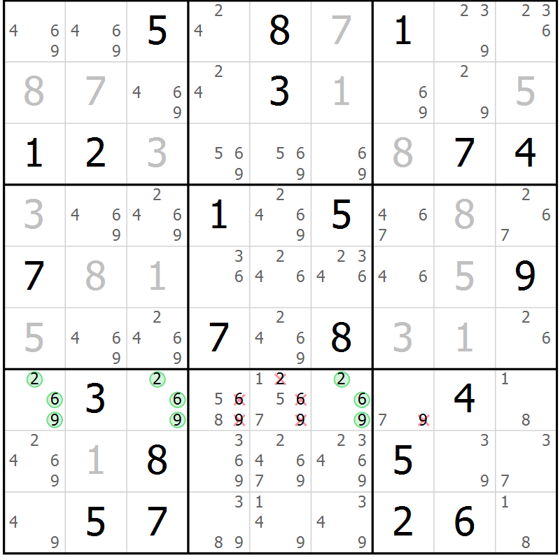 Position des candidats pour la solution de la Gr 4 page 7 du magazine de sudoku Virtuose n° 121