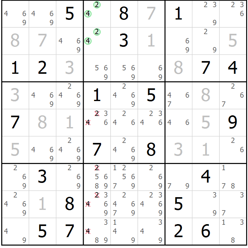 Position des candidats pour la solution de la Gr 4 page 7 du magazine de sudoku Virtuose n° 121