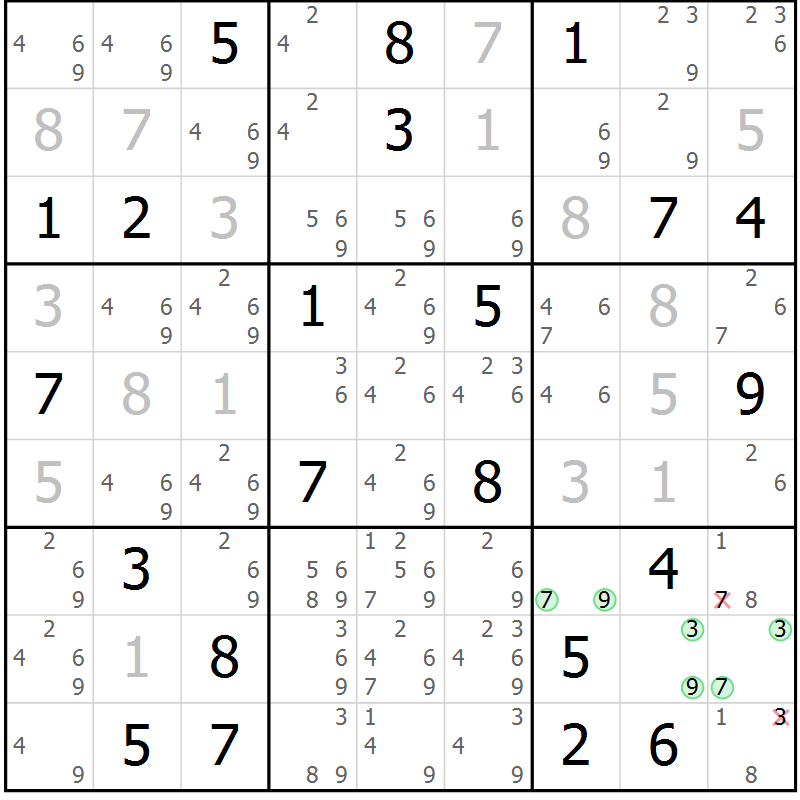 Position des candidats pour la solution de la Gr 4 page 7 du magazine de sudoku Virtuose n° 121