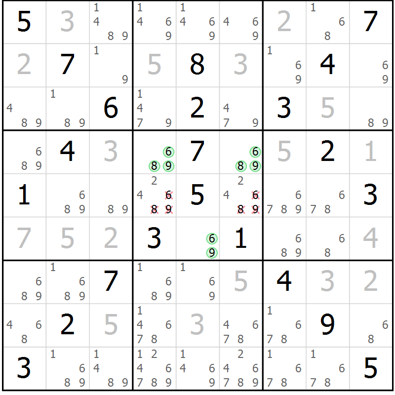 Position des candidats pour la solution de la Gr 40 page 43 du magazine de sudoku Virtuose n° 121