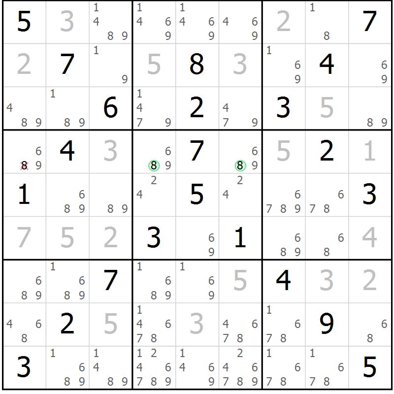 Position des candidats pour la solution de la Gr 40 page 43 du magazine de sudoku Virtuose n° 121