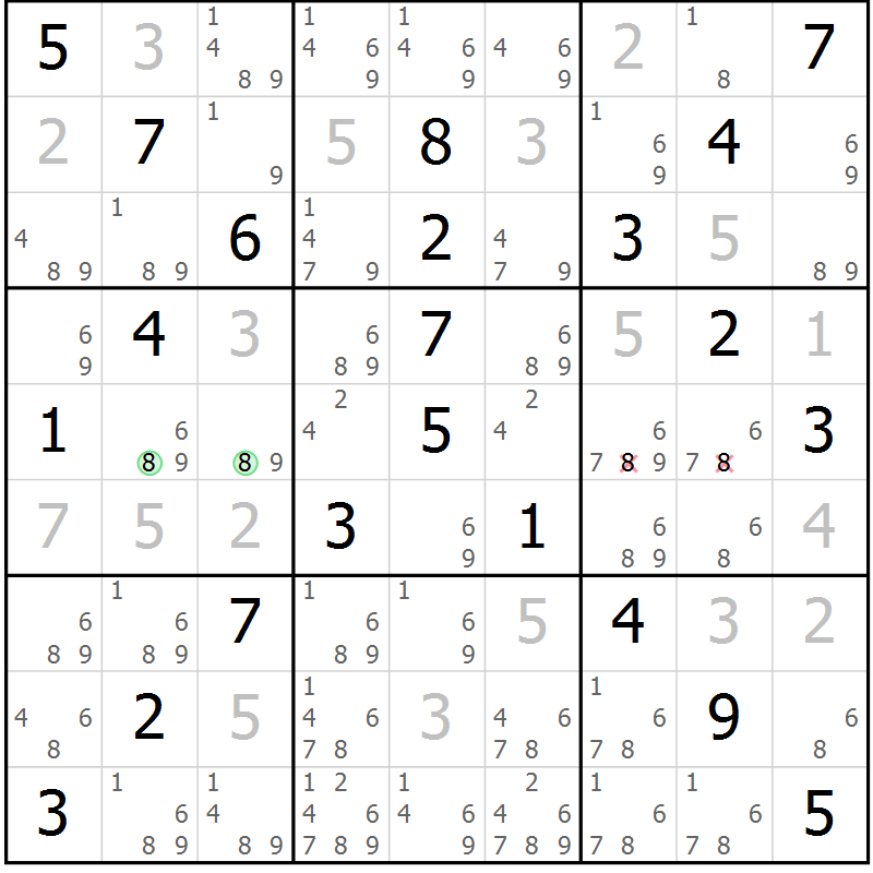 Position des candidats pour la solution de la Gr 40 page 43 du magazine de sudoku Virtuose n° 121