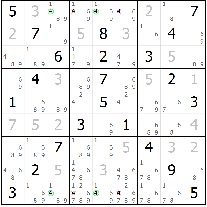 Position des candidats pour la solution de la Gr 40 page 43 du magazine de sudoku Virtuose n° 121