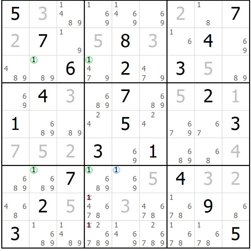 Position des candidats pour la solution de la Gr 40 page 43 du magazine de sudoku Virtuose n° 121