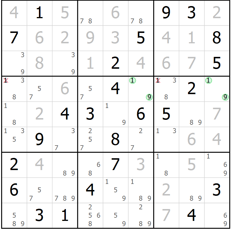 Position des candidats pour la solution de la Gr 42 page 45 du magazine de sudoku Virtuose n° 121