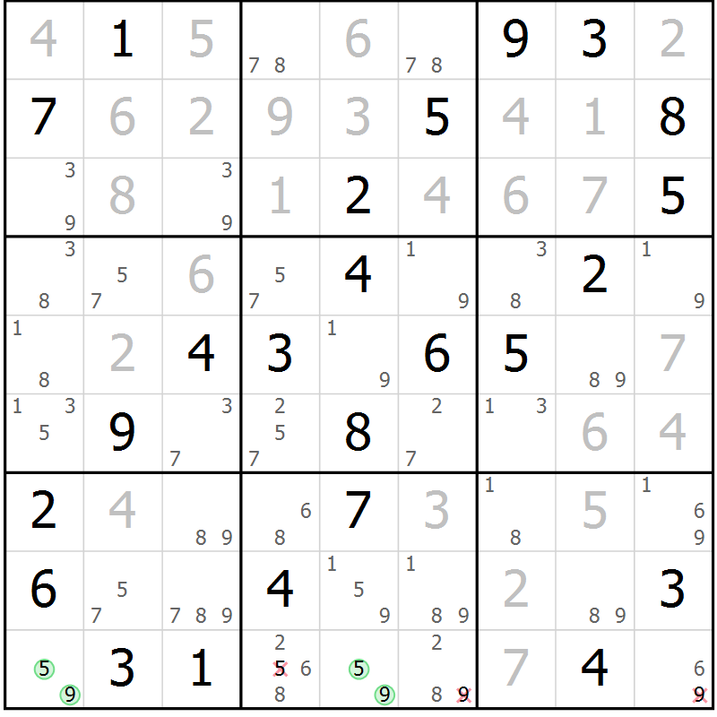 Position des candidats pour la solution de la Gr 42 page 45 du magazine de sudoku Virtuose n° 121