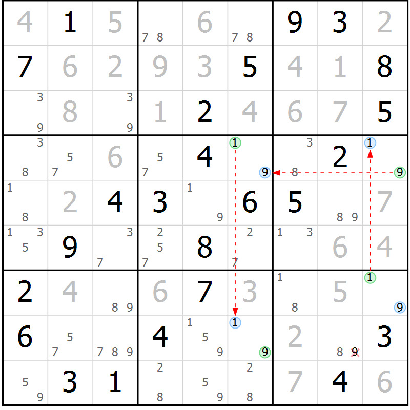 Position des candidats pour la solution de la Gr 42 page 45 du magazine de sudoku Virtuose n° 121