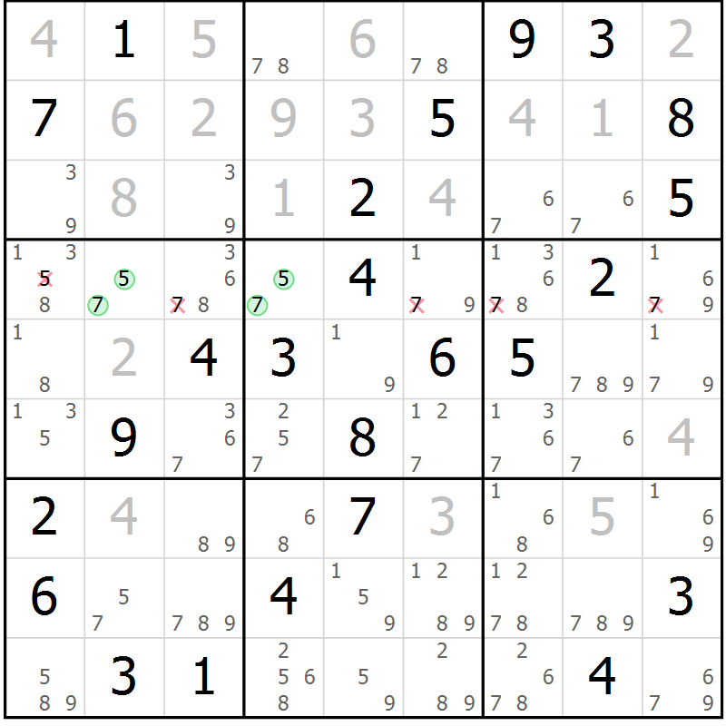 Position des candidats pour la solution de la Gr 42 page 45 du magazine de sudoku Virtuose n° 121