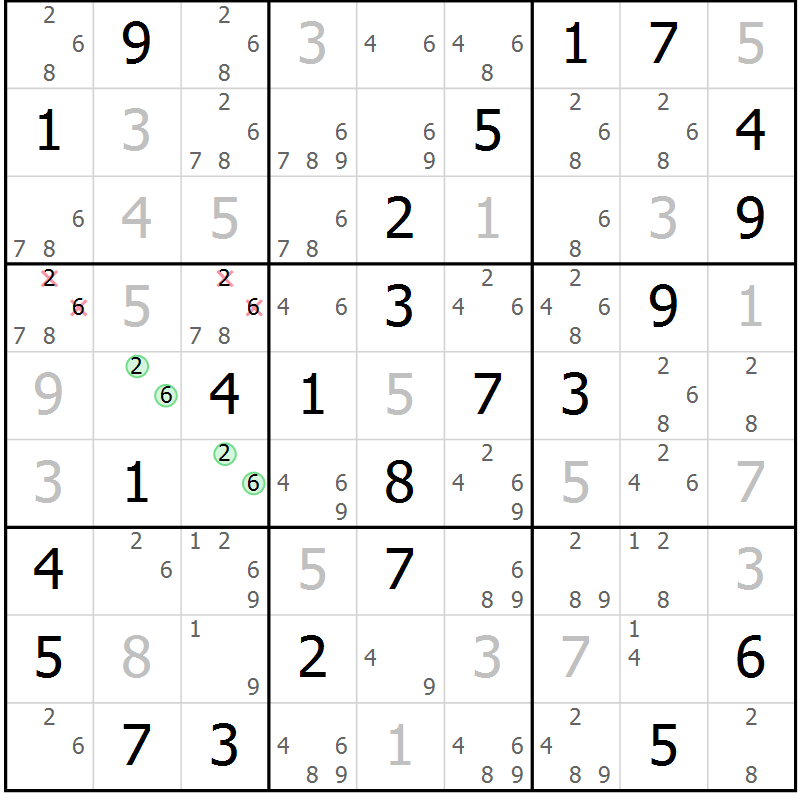 Position des candidats pour la solution de la Gr 43 page 46 du magazine de sudoku Virtuose n° 121