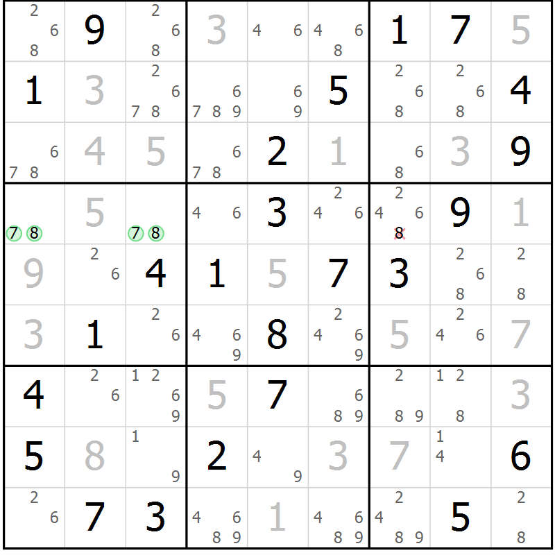 Position des candidats pour la solution de la Gr 43 page 46 du magazine de sudoku Virtuose n° 121