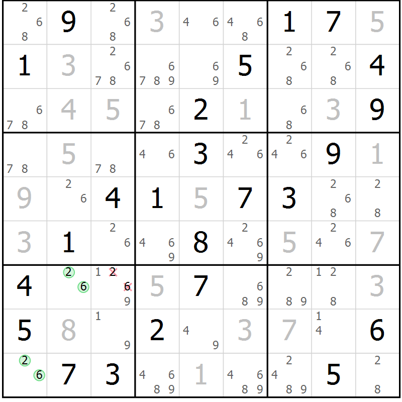 Position des candidats pour la solution de la Gr 43 page 46 du magazine de sudoku Virtuose n° 121
