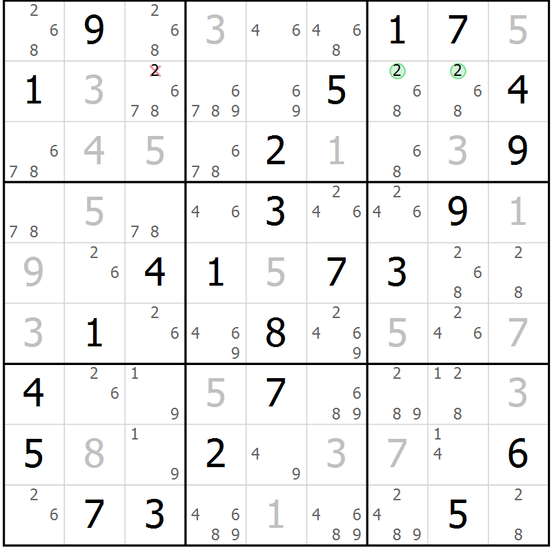 Position des candidats pour la solution de la Gr 43 page 46 du magazine de sudoku Virtuose n° 121