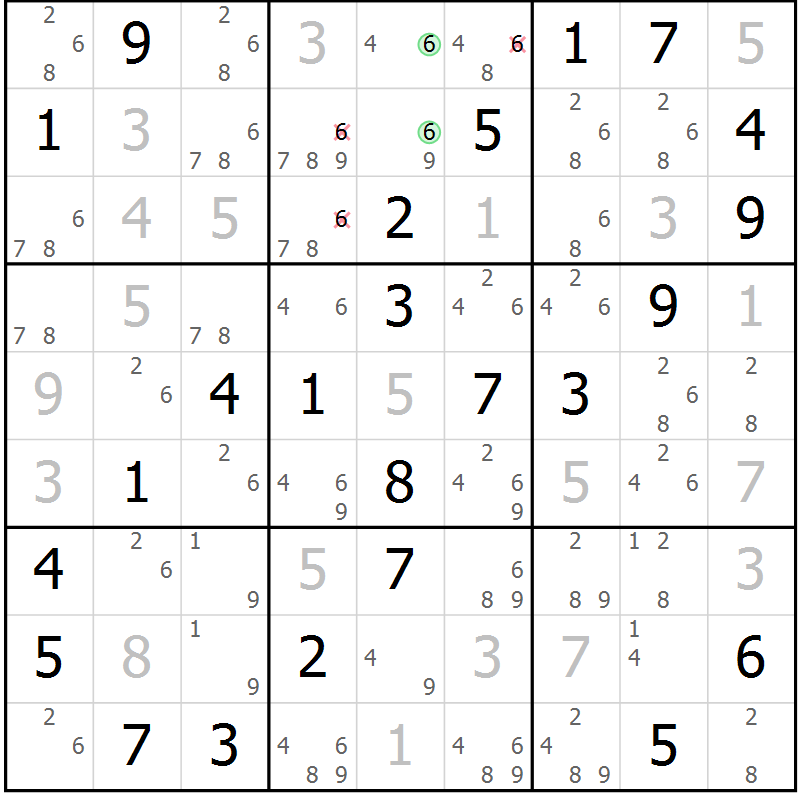 Position des candidats pour la solution de la Gr 43 page 46 du magazine de sudoku Virtuose n° 121
