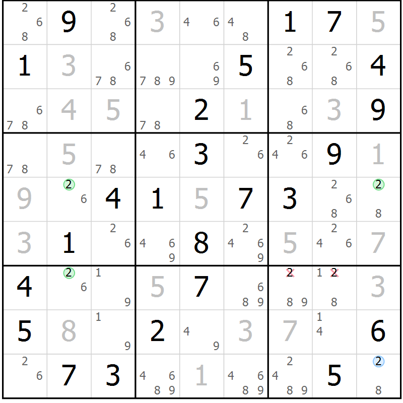 Position des candidats pour la solution de la Gr 43 page 46 du magazine de sudoku Virtuose n° 121