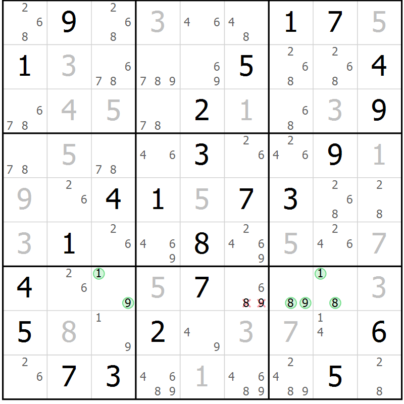 Position des candidats pour la solution de la Gr 43 page 46 du magazine de sudoku Virtuose n° 121