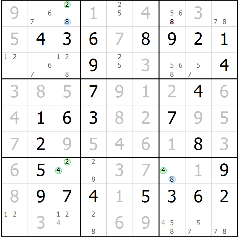Position des candidats pour la solution de la Gr 44 page 47 du magazine de sudoku Virtuose n° 121