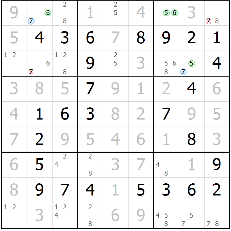 Position des candidats pour la solution de la Gr 44 page 47 du magazine de sudoku Virtuose n° 121