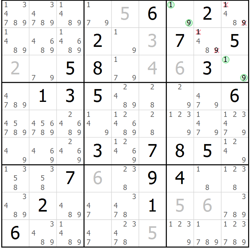 Position des candidats pour la solution de la Gr 46 page 49 du magazine de sudoku Virtuose n° 121