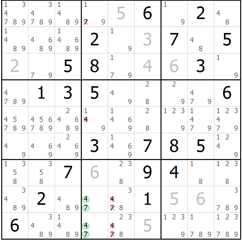 Position des candidats pour la solution de la Gr 46 page 49 du magazine de sudoku Virtuose n° 121