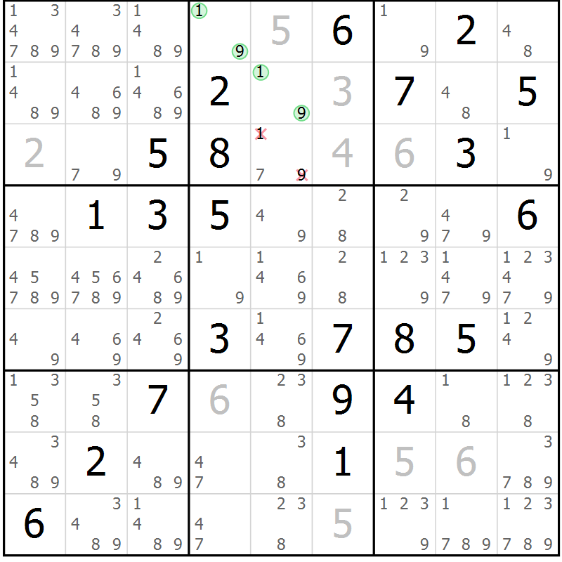 Position des candidats pour la solution de la Gr 46 page 49 du magazine de sudoku Virtuose n° 121