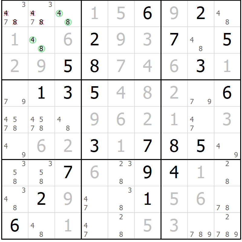 Position des candidats pour la solution de la Gr 46 page 49 du magazine de sudoku Virtuose n° 121