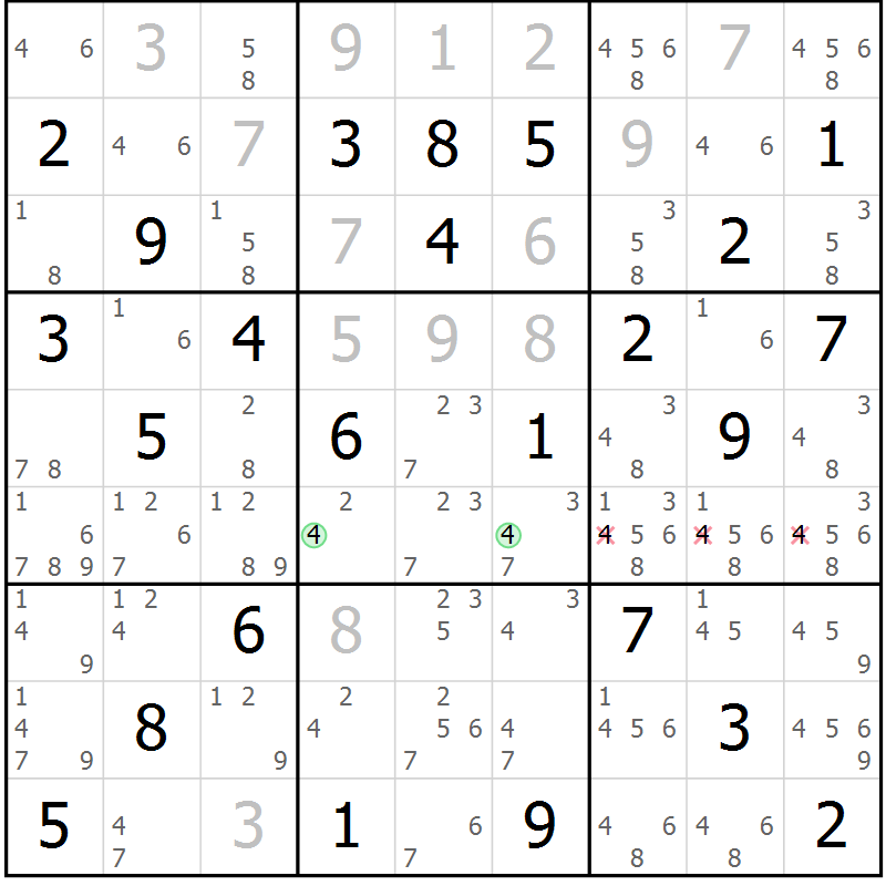 Position des candidats pour la solution de la Gr 47 page 50 du magazine de sudoku Virtuose n° 121