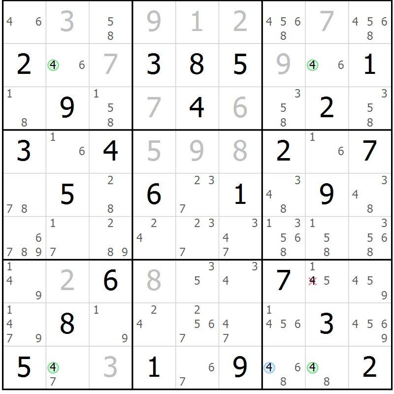 Position des candidats pour la solution de la Gr 47 page 50 du magazine de sudoku Virtuose n° 121