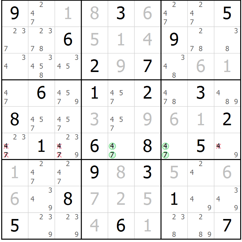 Position des candidats pour la solution de la Gr 49 page 52 du magazine de sudoku Virtuose n° 121