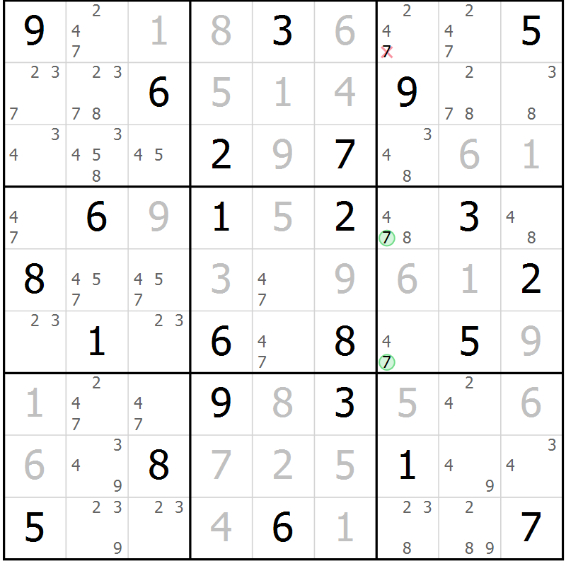Position des candidats pour la solution de la Gr 49 page 52 du magazine de sudoku Virtuose n° 121