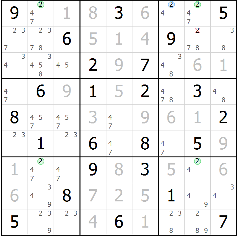 Position des candidats pour la solution de la Gr 49 page 52 du magazine de sudoku Virtuose n° 121