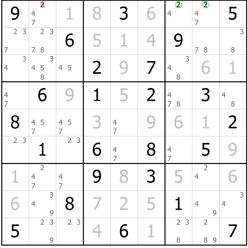 Position des candidats pour la solution de la Gr 49 page 52 du magazine de sudoku Virtuose n° 121