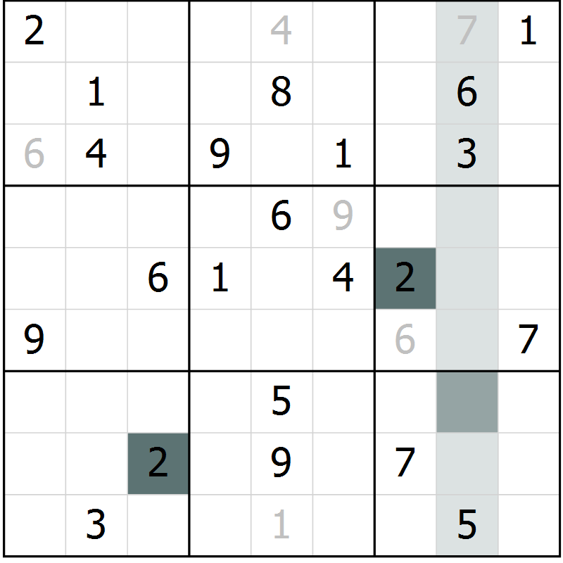 Position des candidats pour la solution de la Gr 5 page 8 du magazine de sudoku Virtuose n° 121