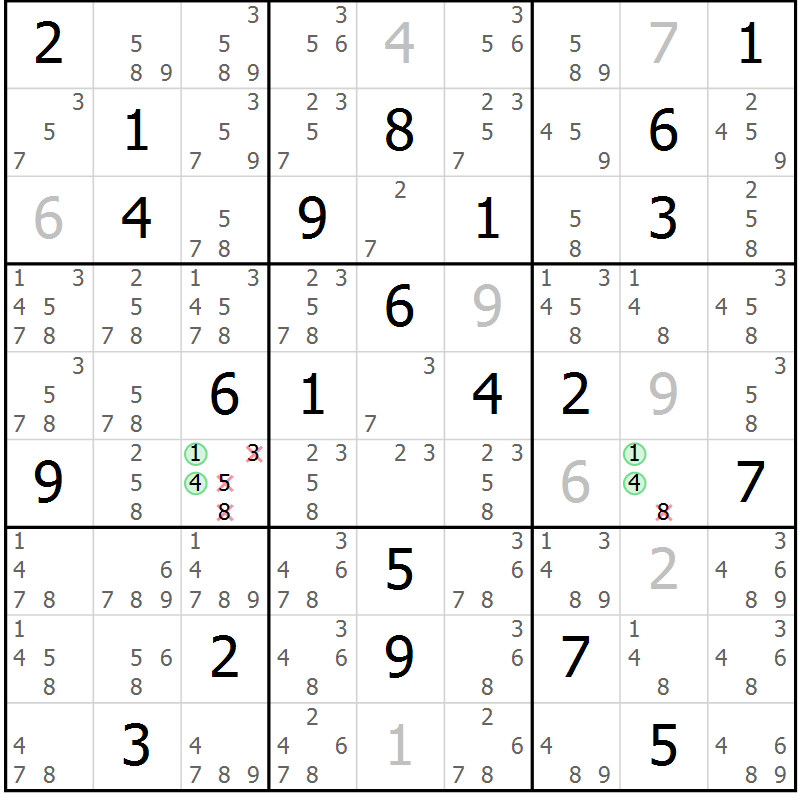 Position des candidats pour la solution de la Gr 5 page 8 du magazine de sudoku Virtuose n° 121