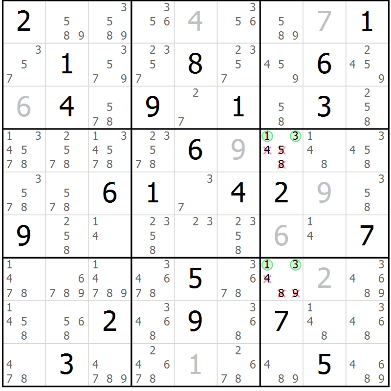 Position des candidats pour la solution de la Gr 5 page 8 du magazine de sudoku Virtuose n° 121