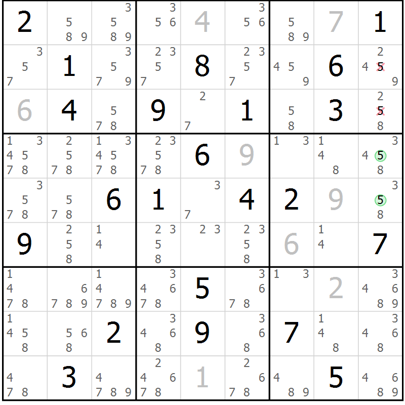 Position des candidats pour la solution de la Gr 5 page 8 du magazine de sudoku Virtuose n° 121