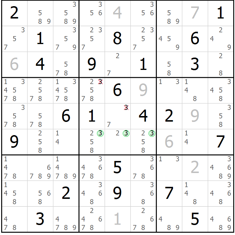 Position des candidats pour la solution de la Gr 5 page 8 du magazine de sudoku Virtuose n° 121