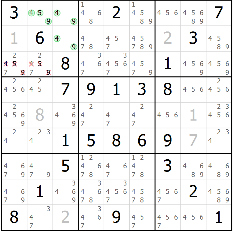 Position des candidats pour la solution de la Gr 50 page 53 du magazine de sudoku Virtuose n° 121