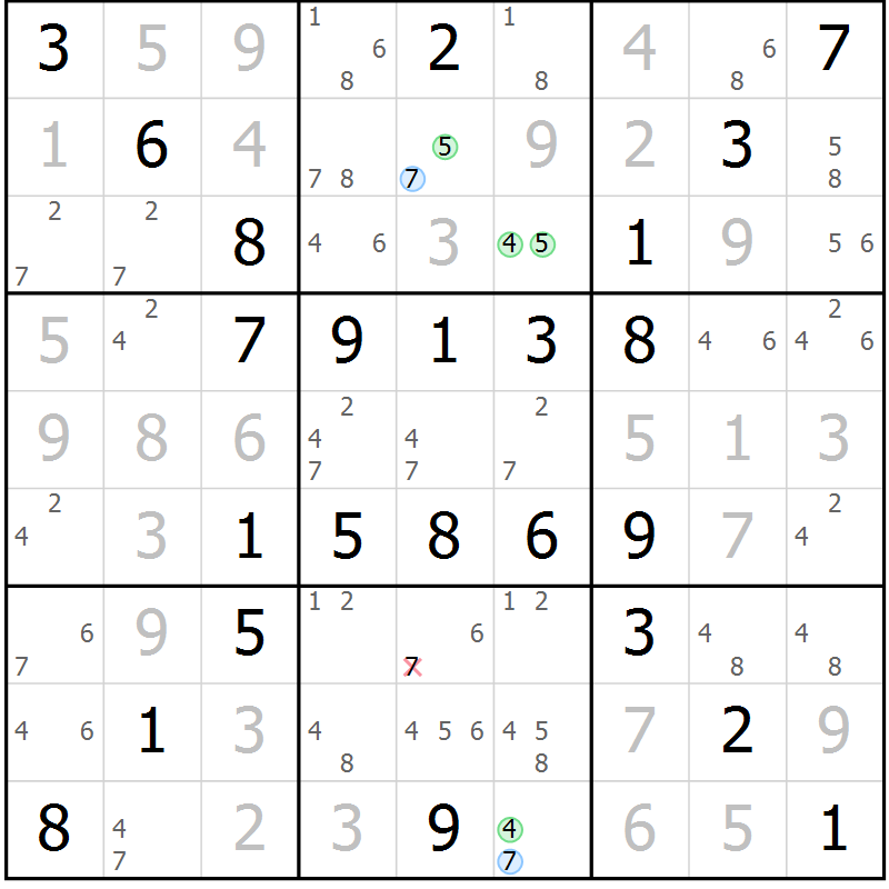 Position des candidats pour la solution de la Gr 50 page 53 du magazine de sudoku Virtuose n° 121