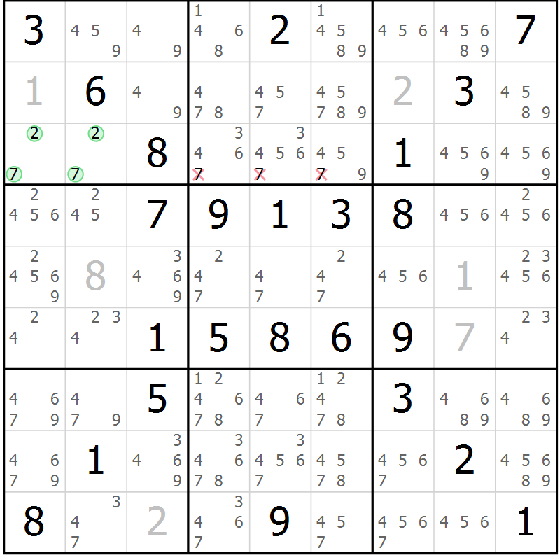 Position des candidats pour la solution de la Gr 50 page 53 du magazine de sudoku Virtuose n° 121