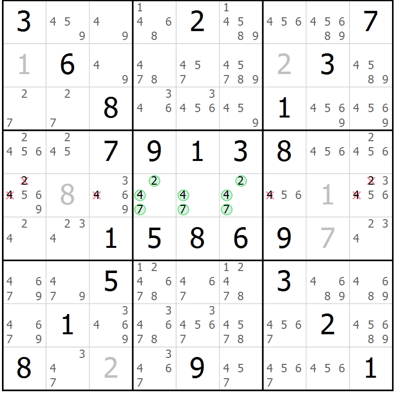 Position des candidats pour la solution de la Gr 50 page 53 du magazine de sudoku Virtuose n° 121
